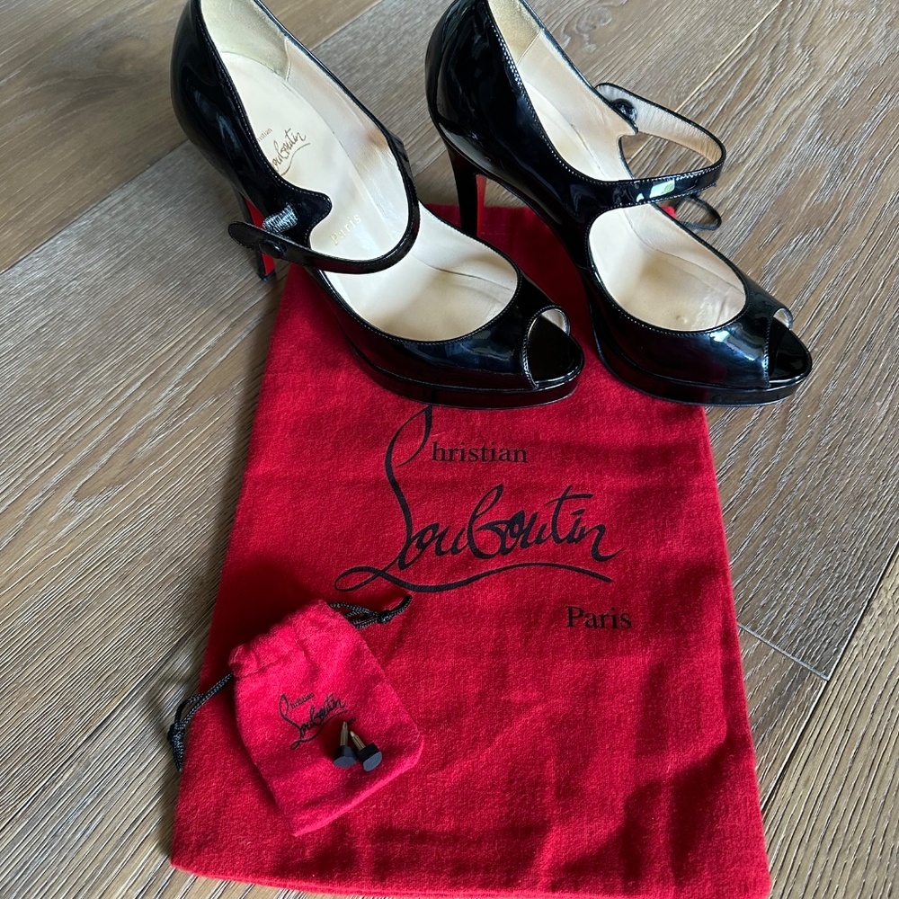 Authentic Christian Louboutin Black Patent Mary Jane Peep Toe Platform Heels - Picture 14 of 16